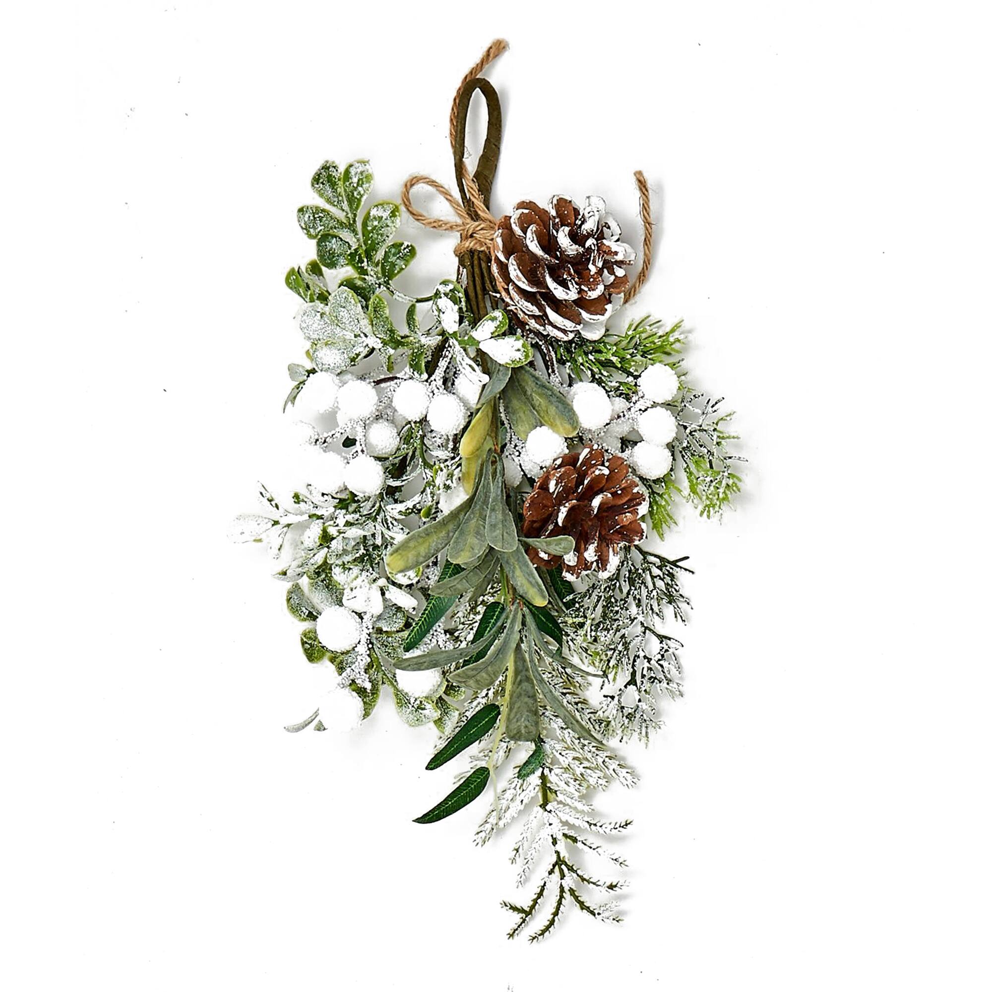 12" Pinecone, Berry & Green Leaves Mini Teardrop Christmas Decorations, 3ct.